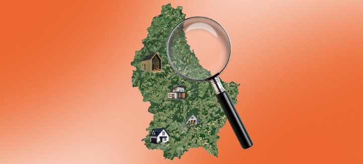 Analyse du marché immobilier au Luxembourg au T2 2026 avec une carte du pays et des logements observés à la loupe.